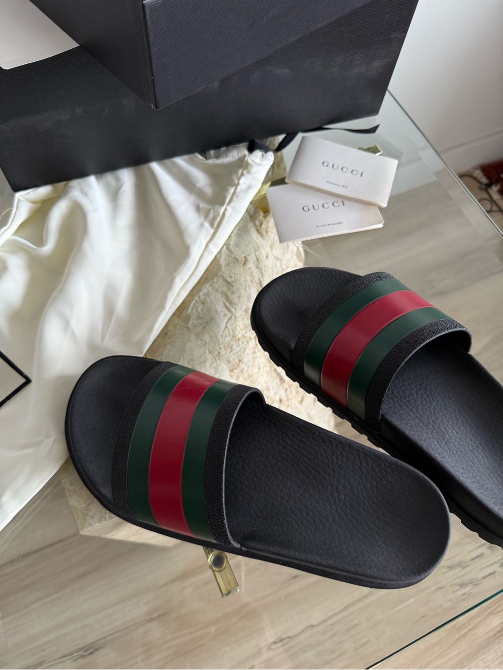 Gucci Black Slide Sandals with Red & Green Stripes